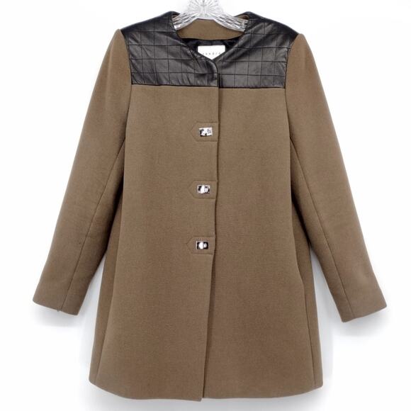 Sandro Brown Mid-length Wool Coat Jacket Black Leather Detail Size 40 - Picture 1 of 11